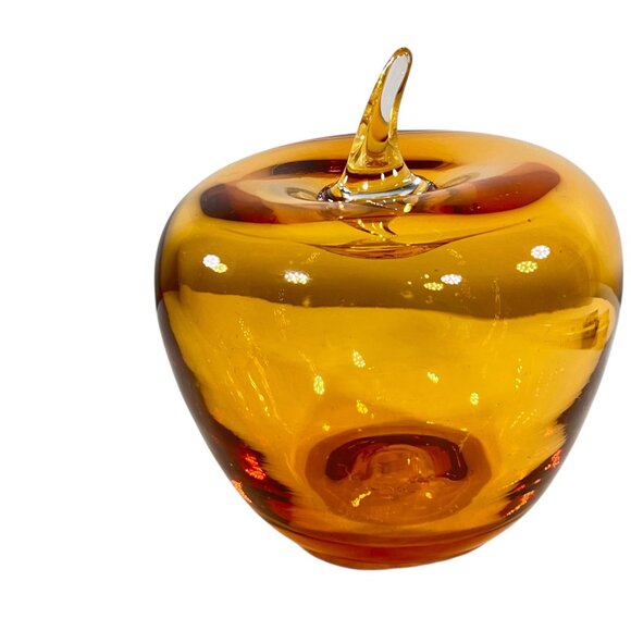 Vtg Blenko Amber Art Glass Apple Paperweight MCM Applied Clear Stem Hand Blown - Picture 4 of 6
